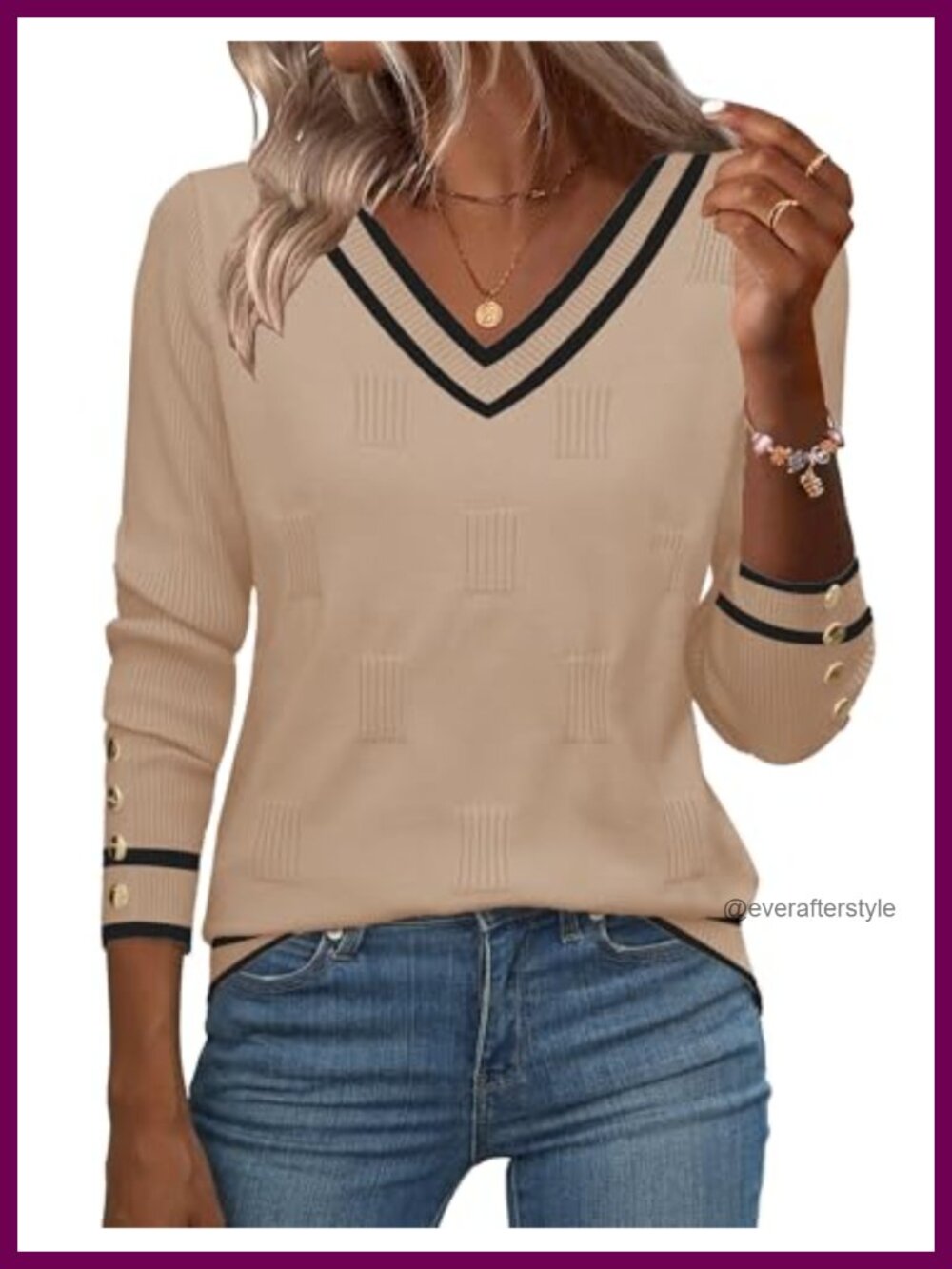 Women's V Neck Ribbed Knit Pullover Sweater Long Sleeve Button Cuff